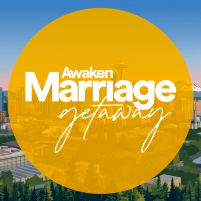 Cityscape with 'Awaken Marriage getaway' text overlay on a yellow circle